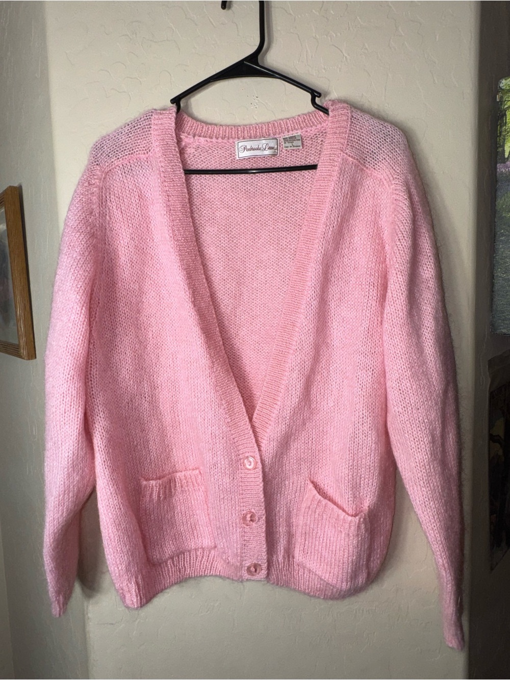 Penbrooke Lane Vintage Pink Mohair Blend Button Cardigan Sweater SZ L Hong Kong